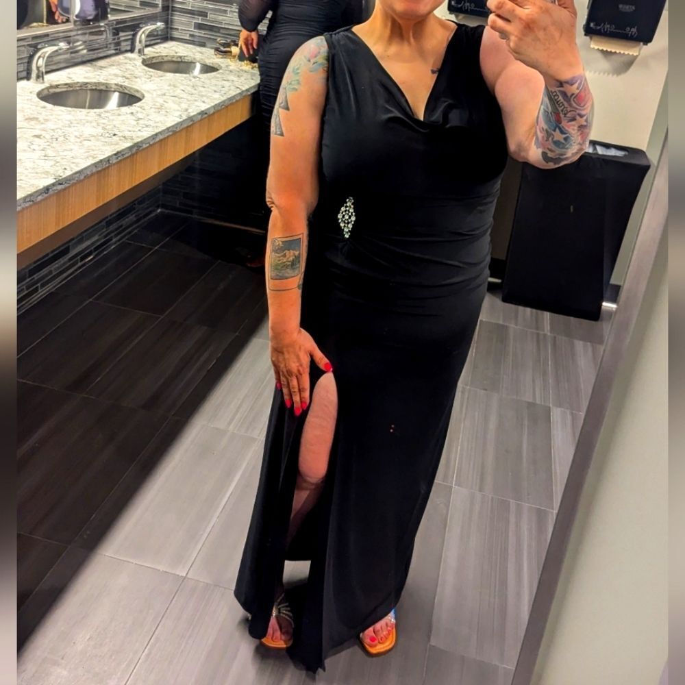 Old Hollywood Glam Black Fitted Bodycon Maxi Dress with Slit Cocktail-‎ Size 10